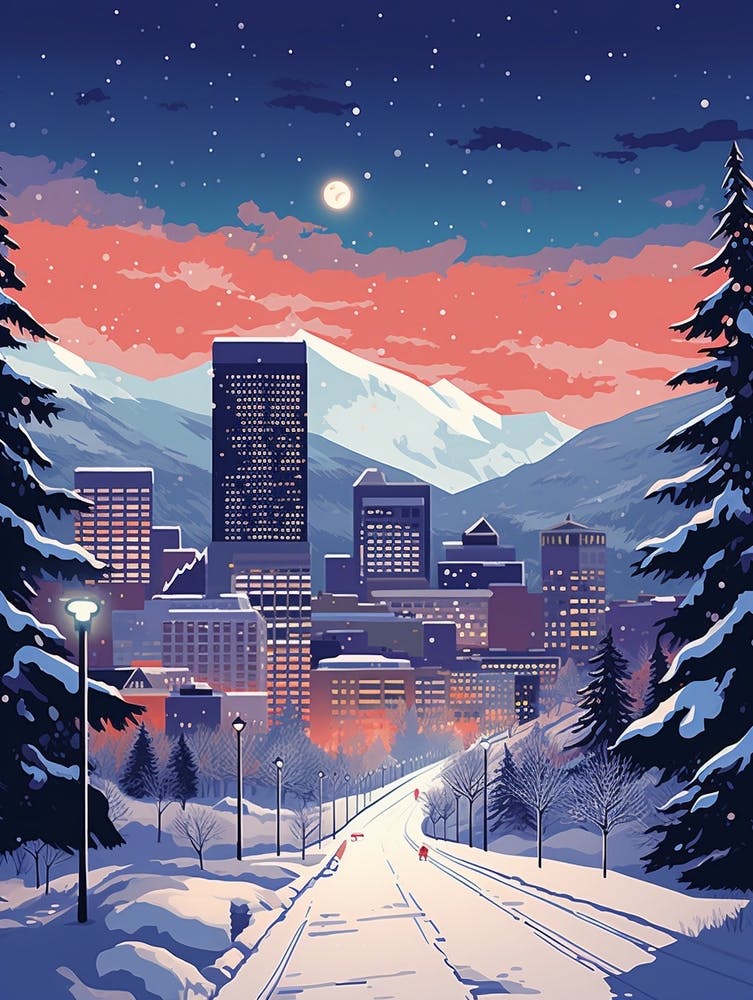 Winter Travel Night Illustration Denver Colorado 2