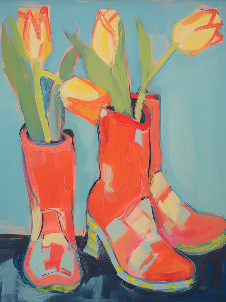 Painting Of Tulips Flowers And Cowboy Boots, Oil Style 2