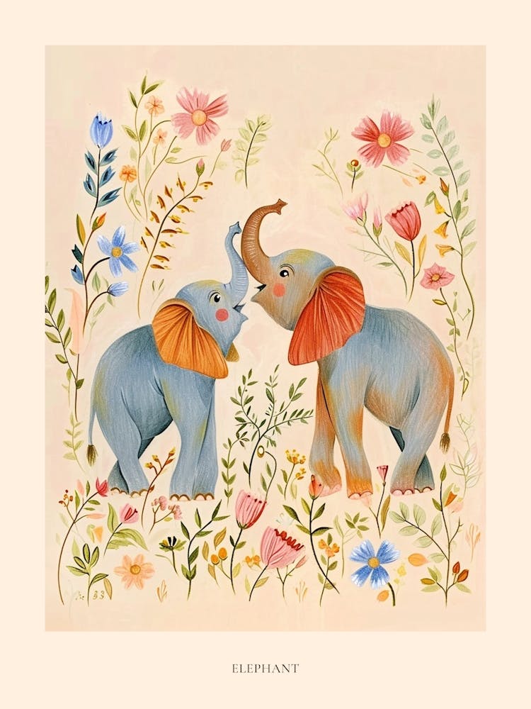 Folksy Floral Animal Drawing Elephant 3 Poster