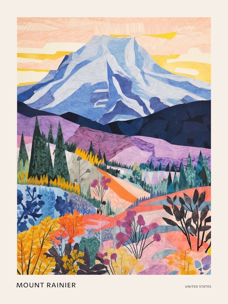 Mount Rainier United States 4 Farbenfrohes Bergillustration Poster