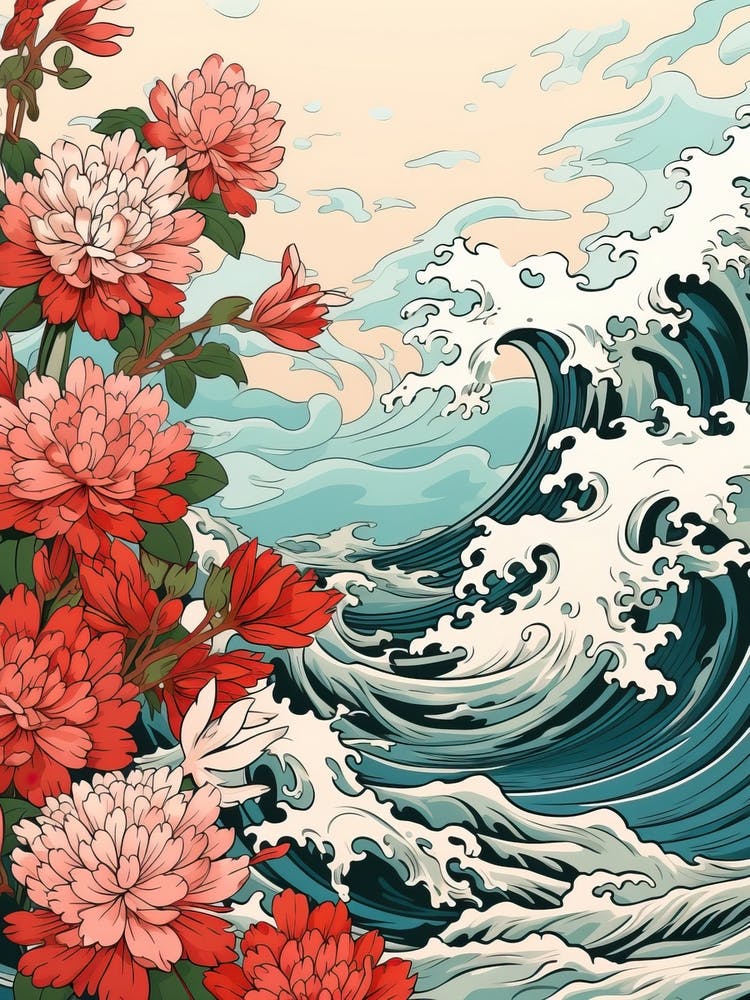 Great Wave With Jasmine Flower Drawing In The Style Of Ukiyo E 4