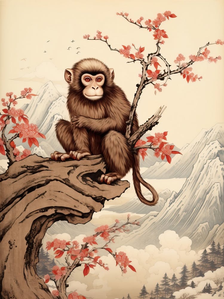 Monkey Animal Drawing In The Style Of Ukiyo E 4