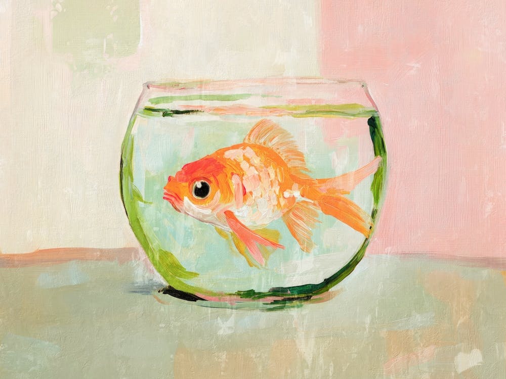 Goldfish in glass bowl painting in Soft pastel for coastal or beachy decor, Minimalist still life Pink and Green cute wall art for bathrooms and kitchens, Whimsical artwork for kids rooms and nusery