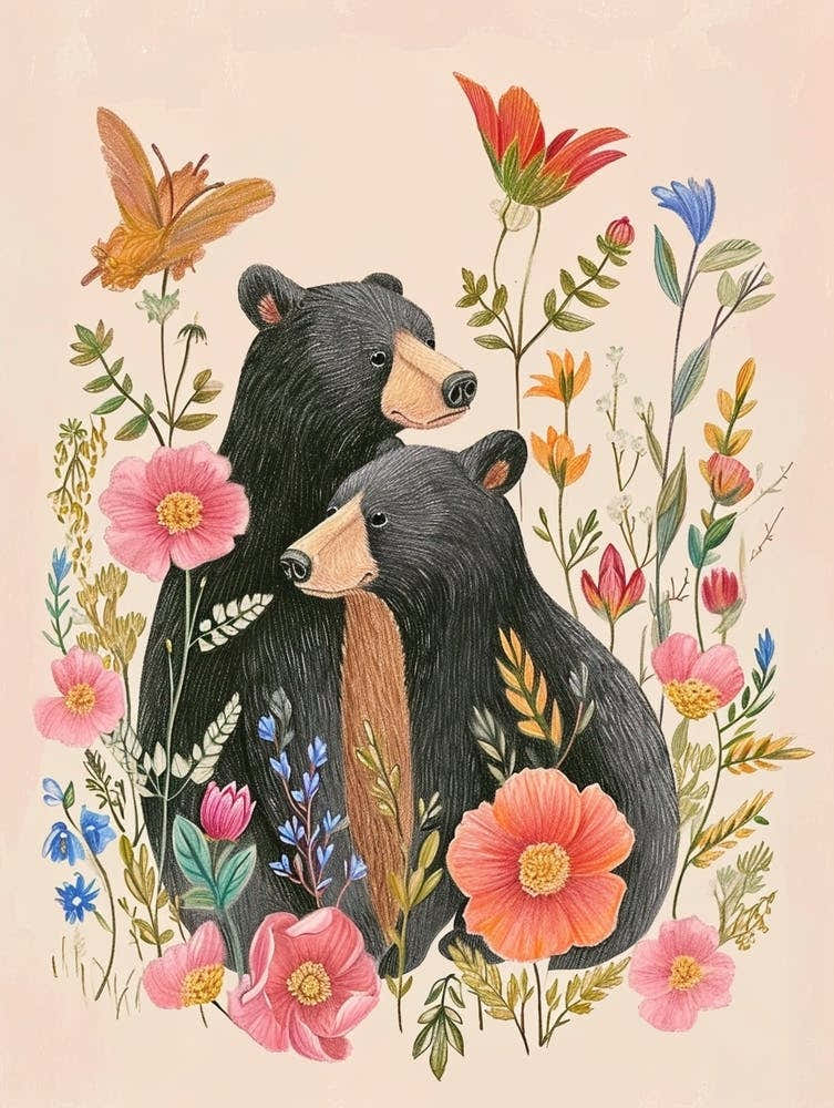 Folksy Floral Animal Drawing Bear 7