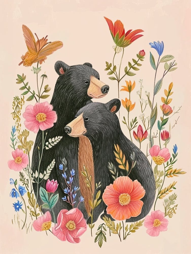 Folksy Floral Animal Drawing Bear 7