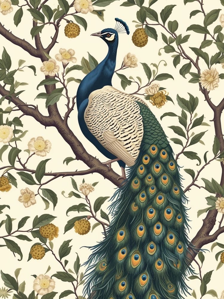 Mocha Floral Peacock On The Tree Wallpaper