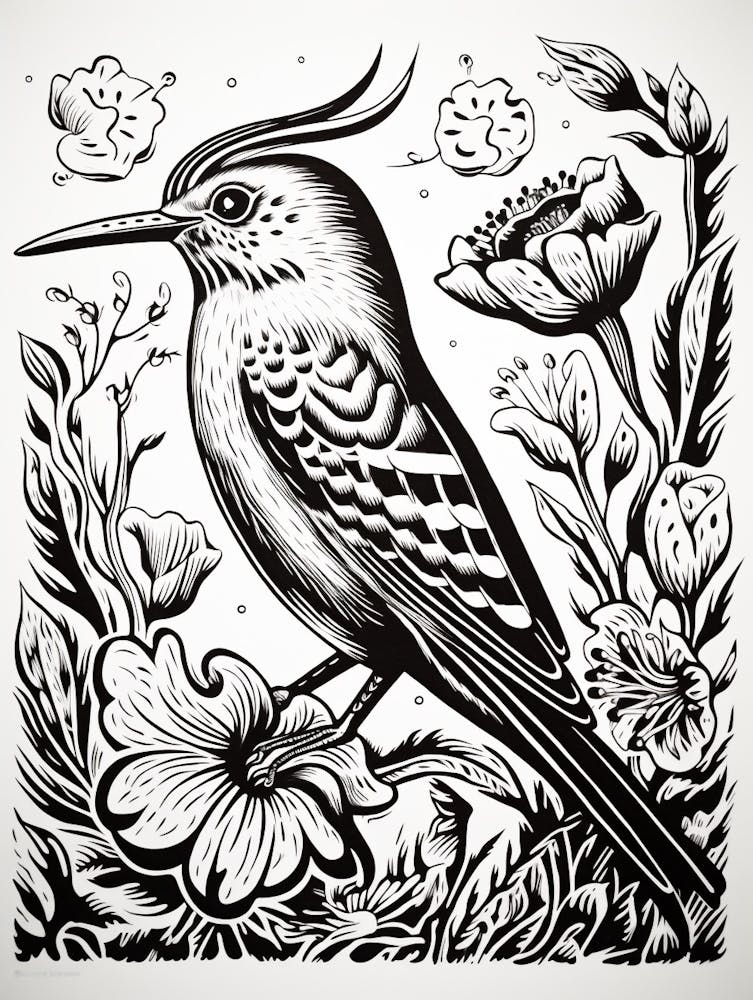 B&W Bird Linocut Hoopoe 1