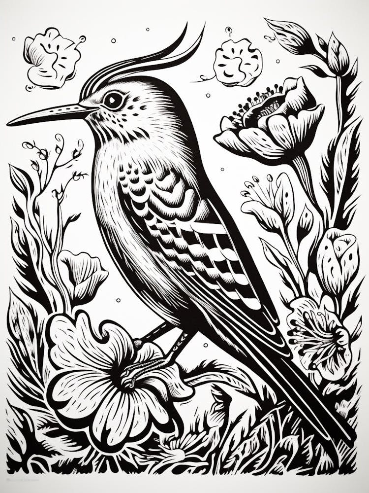 B&W Bird Linocut Hoopoe 1