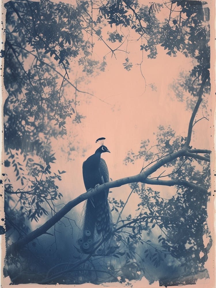 Cyanotype Inspired Peacock In The Tree 1