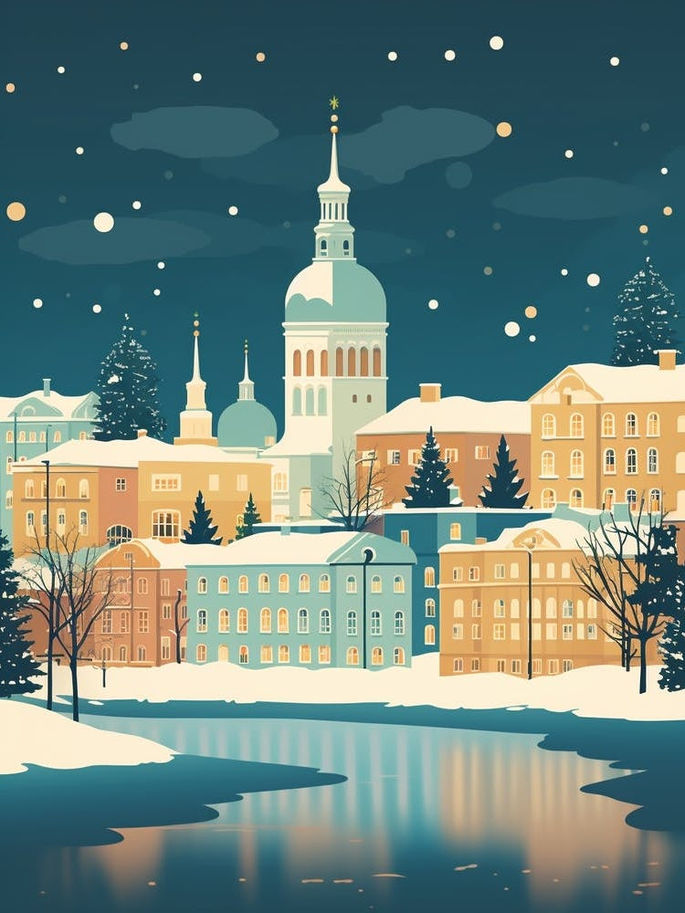 Winter Travel Night Illustration Helsinki Finland 1