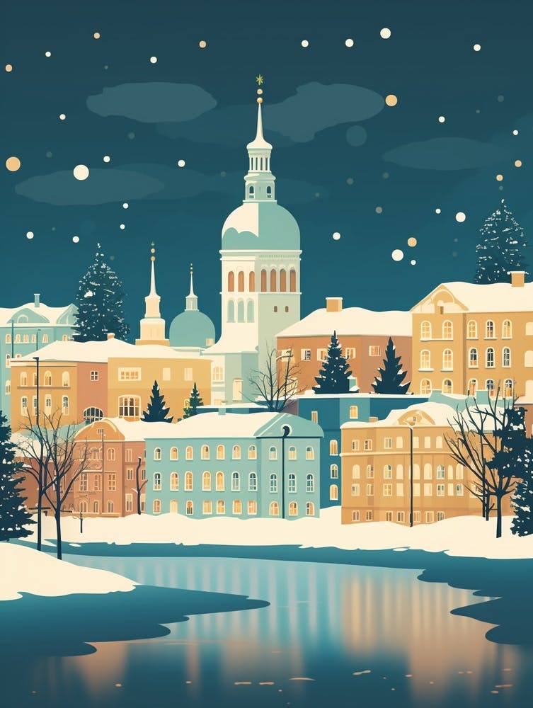 Winter Travel Night Illustration Helsinki Finland 1