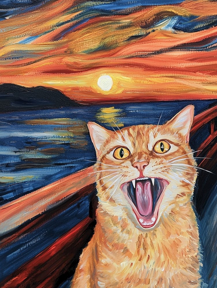 Der Schrei der Katze, inspiriert von Edvard Munch Malerei, Katzen Portrait