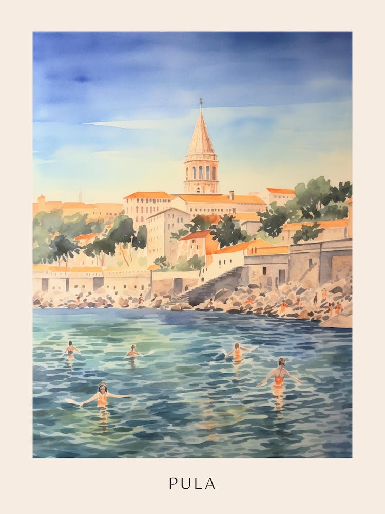 Swimming In Pula Croatia Watercolour Poster