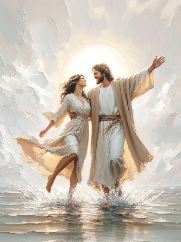 A Dance On Water, Christian Painting, Jesus Walking On Water Art, Picture Of Jesus With Girl, Lds Art, Jesus And Woman, Jesus Printable Art