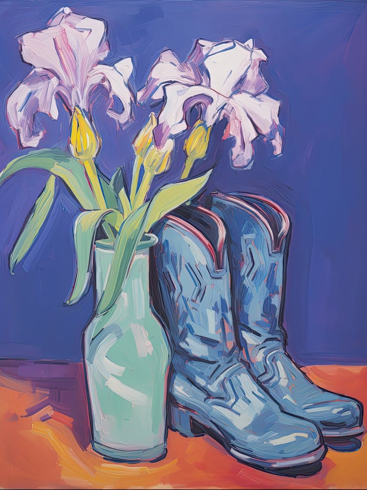A Painting Of Cowboy Boots With Lilac Flowers, Fauvist Style, Still Life 4