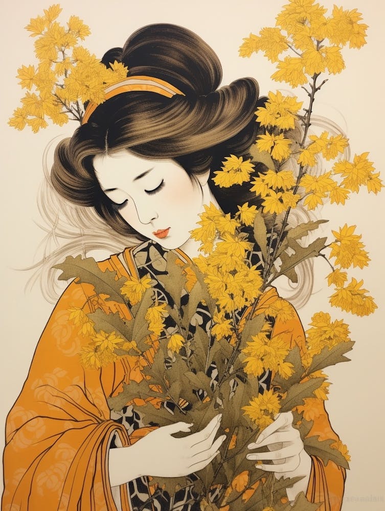 Nokanzou Goldenrod Vintage Japanese Botanical And Geisha