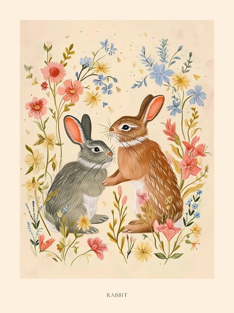 Folksy Floral Animal Drawing Rabbit Poster