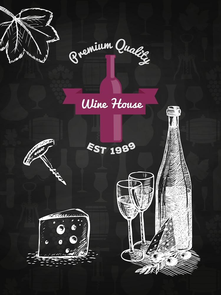 Wine House Chalkboard Illustration — wine poster, kitchen poster, wine print