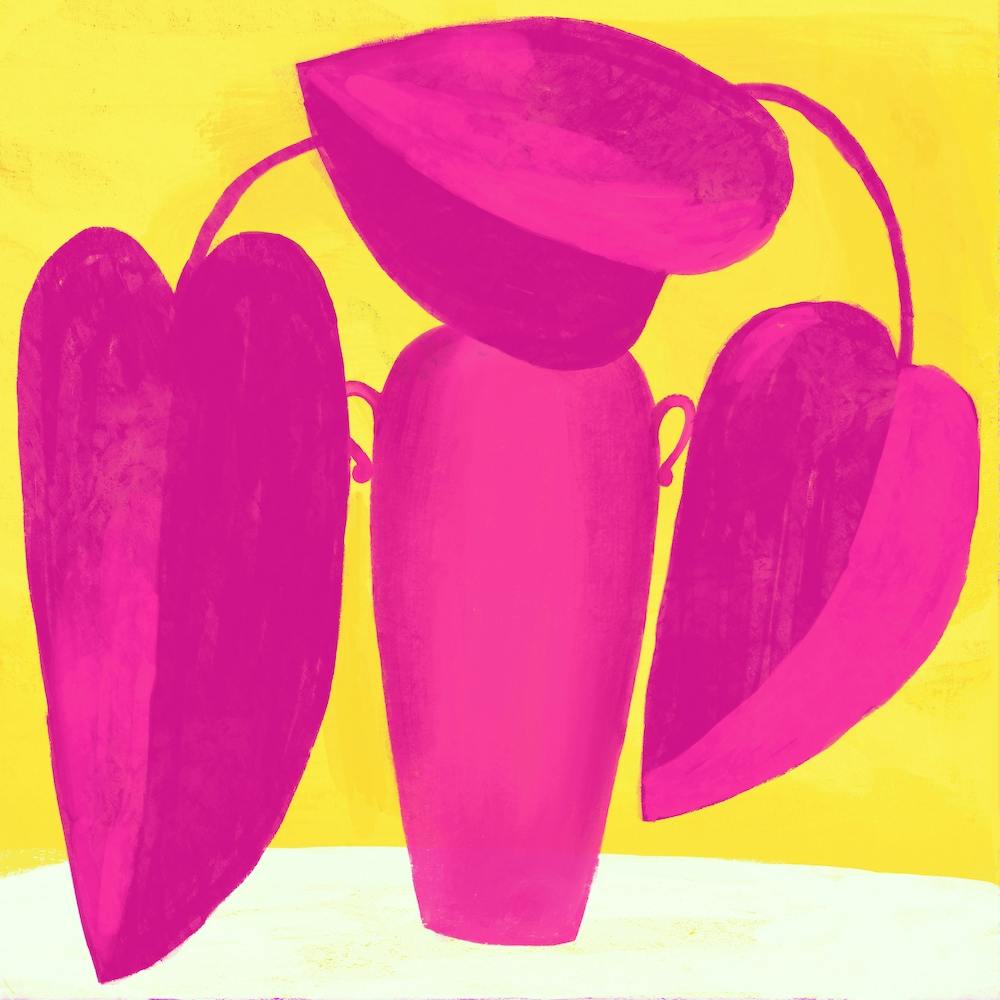 Barbie Pink Magenta Abstract Plant On Yellow Square