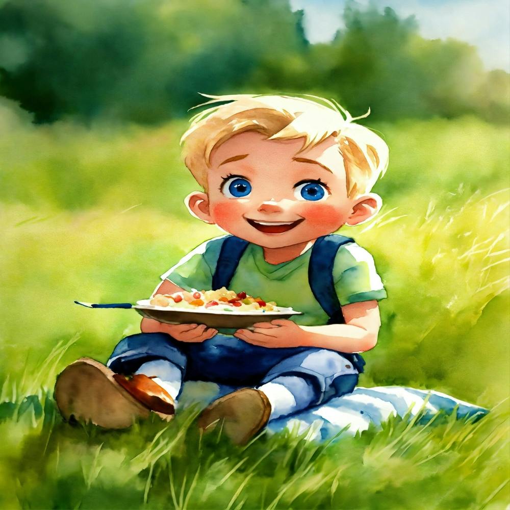 Little Boy Eating In The Grass