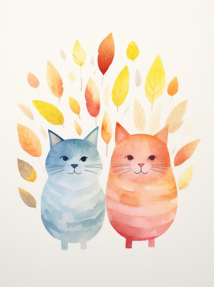 Watercolor Cats In Autumn Leaves