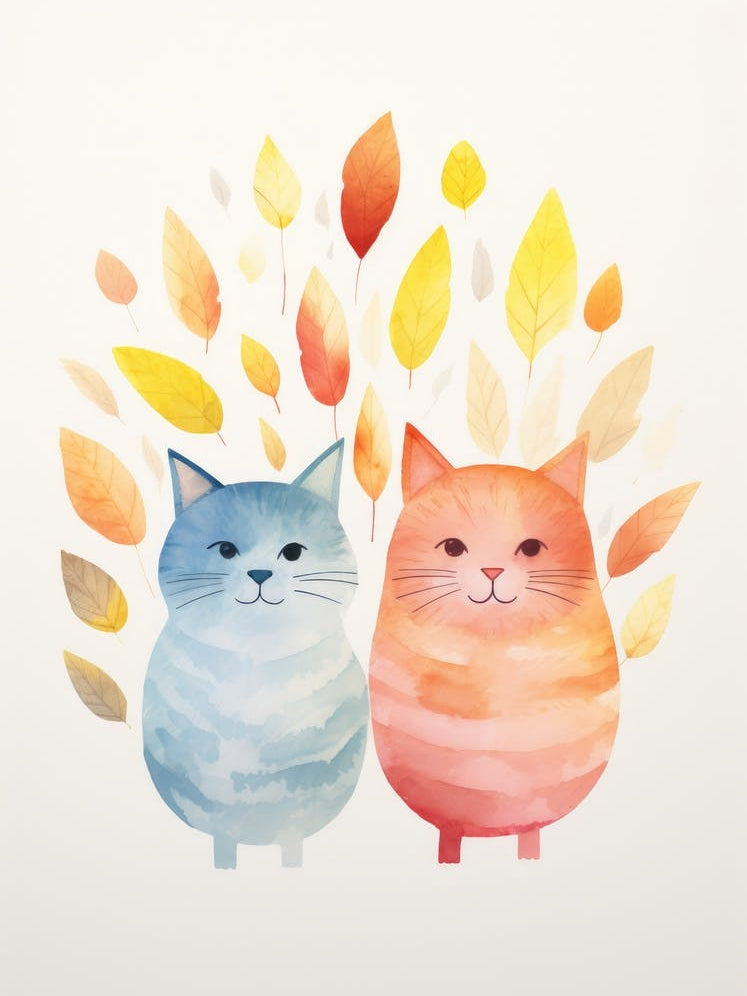 Watercolor Cats In Autumn Leaves