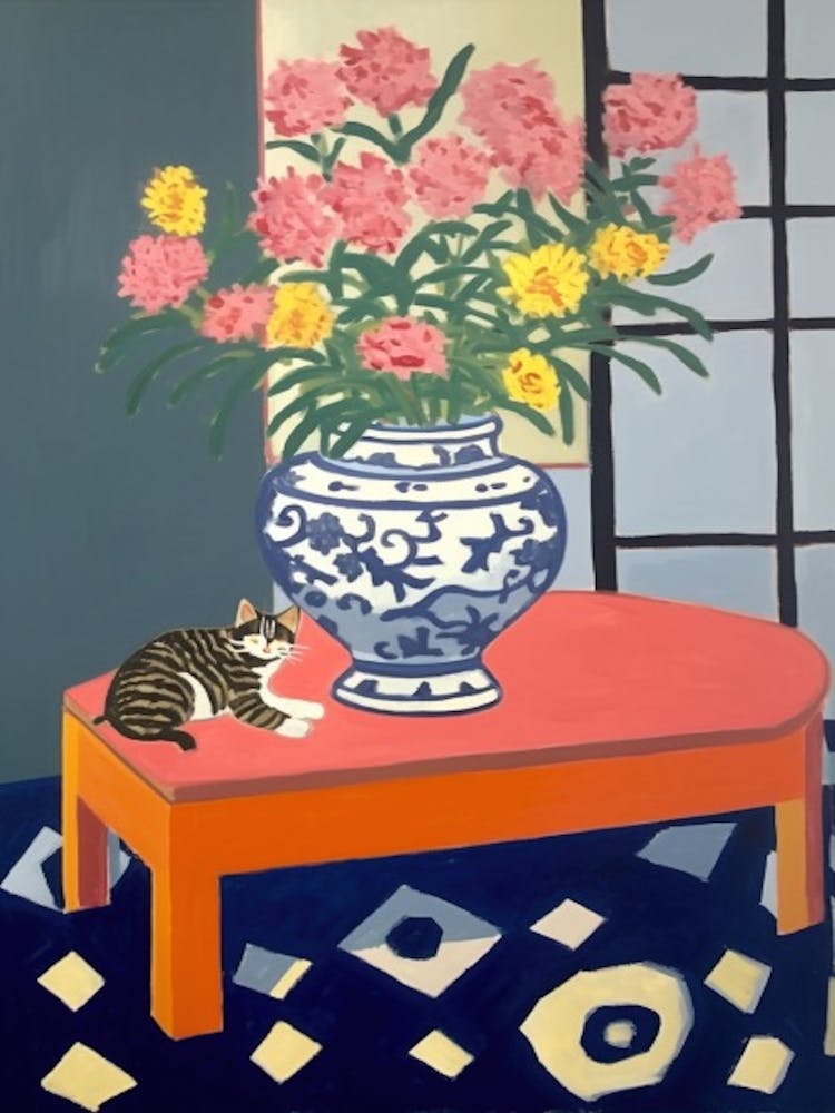 A Painting Of A Still Life Of A Chrysanthemums With A Cat In The Style Of Matisse 3