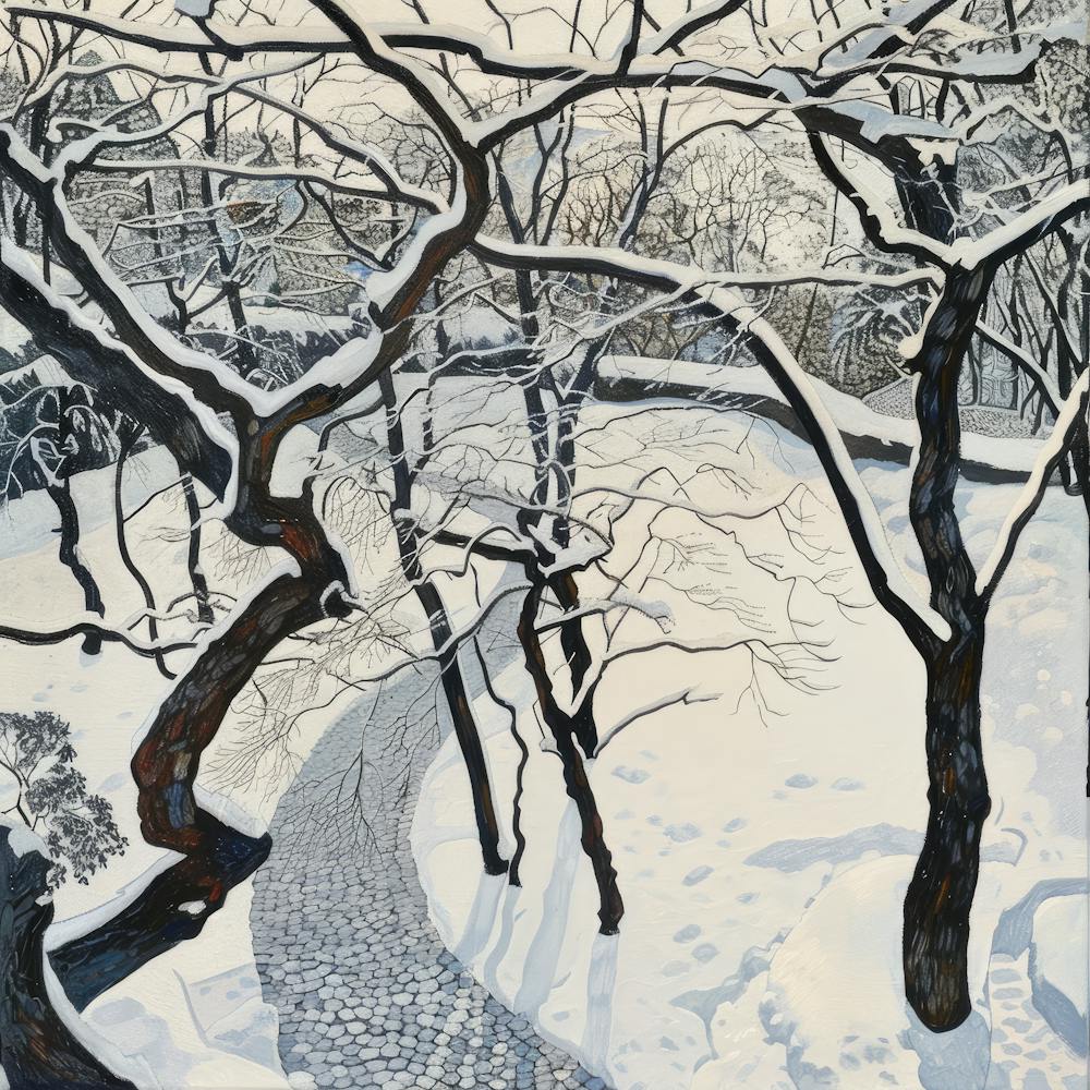 Japanese Zen Garden in Winter Series. Style of David Hockney 3