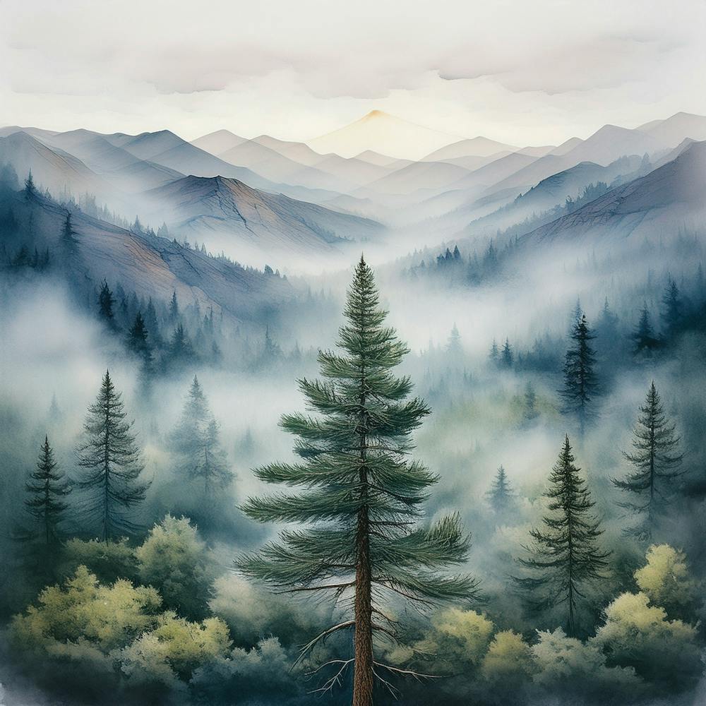 Appalachian Mountains of Misty Pines, Watercolor Print of Evergreen Forest 27 1
