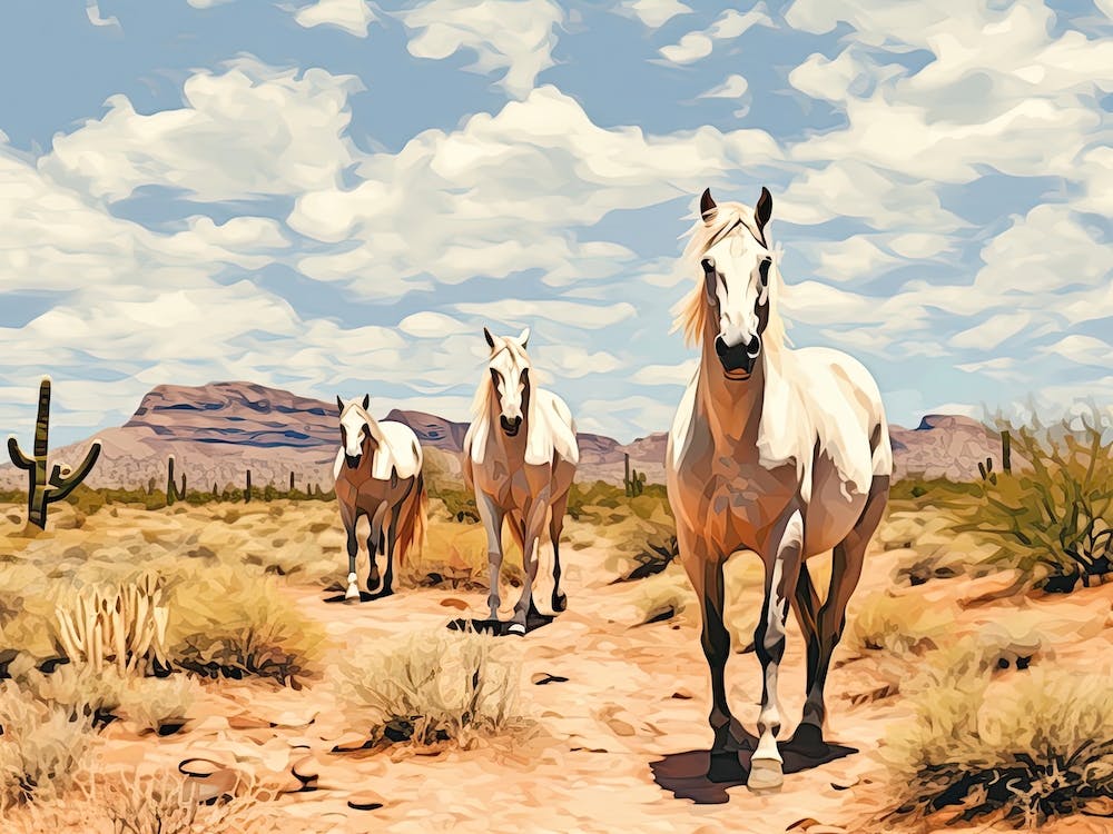 Horses Painting In Arizona Desert, Usa, Landscape 3