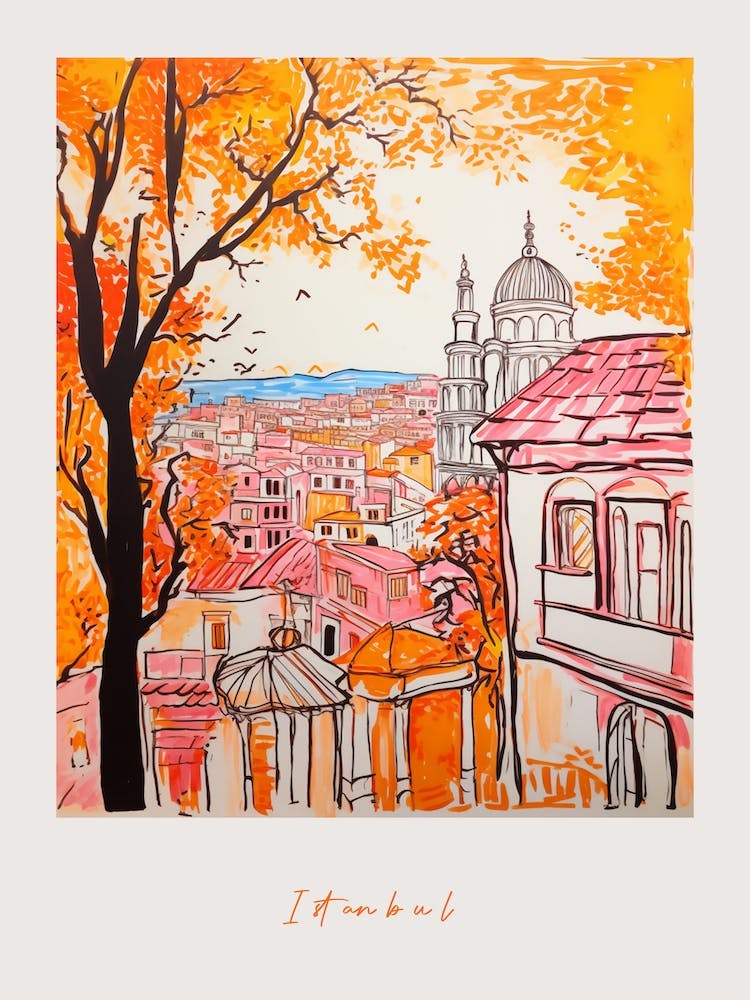 Istanbul Turkey Orange Drawing Poster