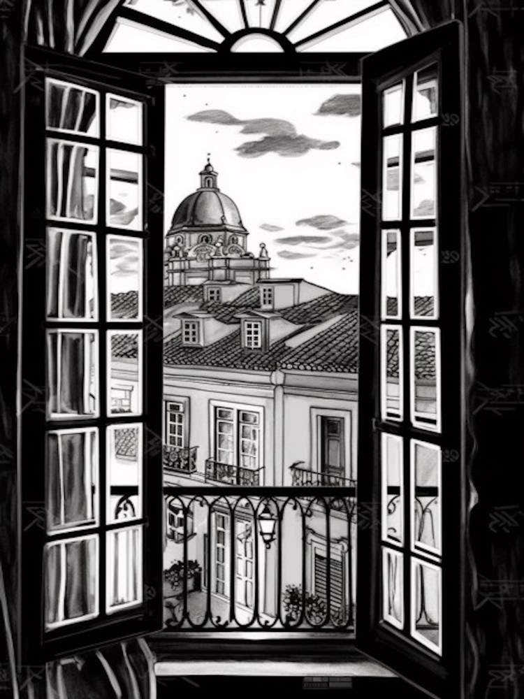 Window View Of Lisbon Portugal   Black And White Colouring Pages Line Art 4