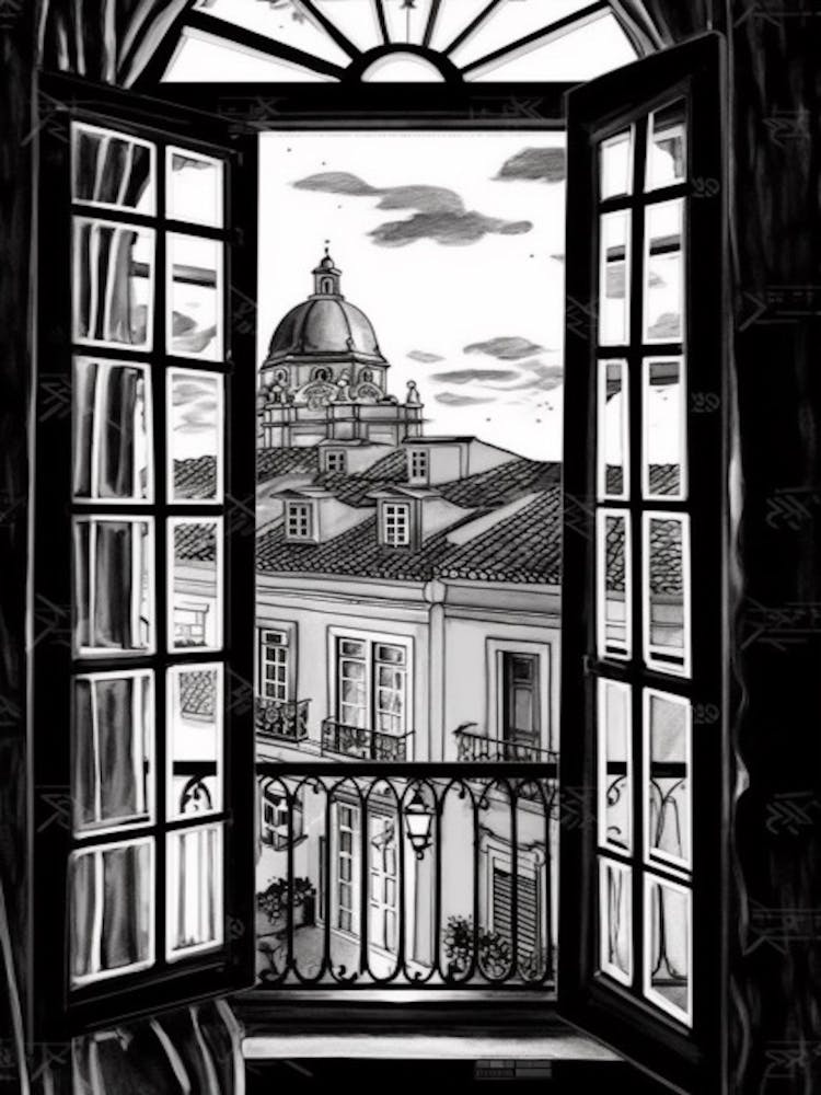 Window View Of Lisbon Portugal   Black And White Colouring Pages Line Art 4