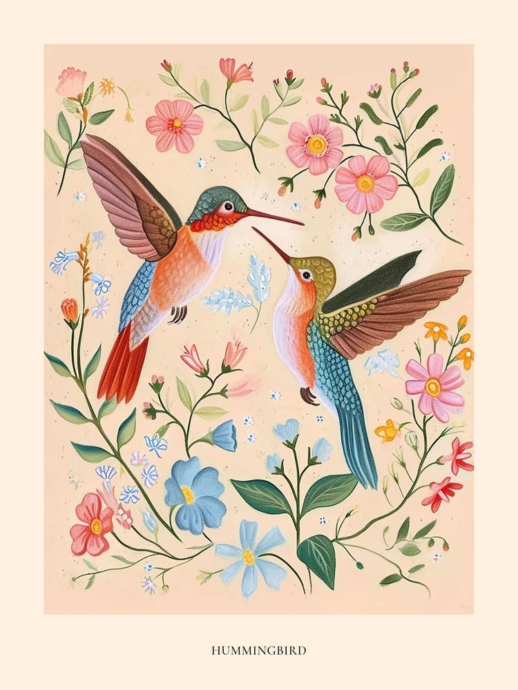Folksy Floral Animal Drawing Hummingbird Poster