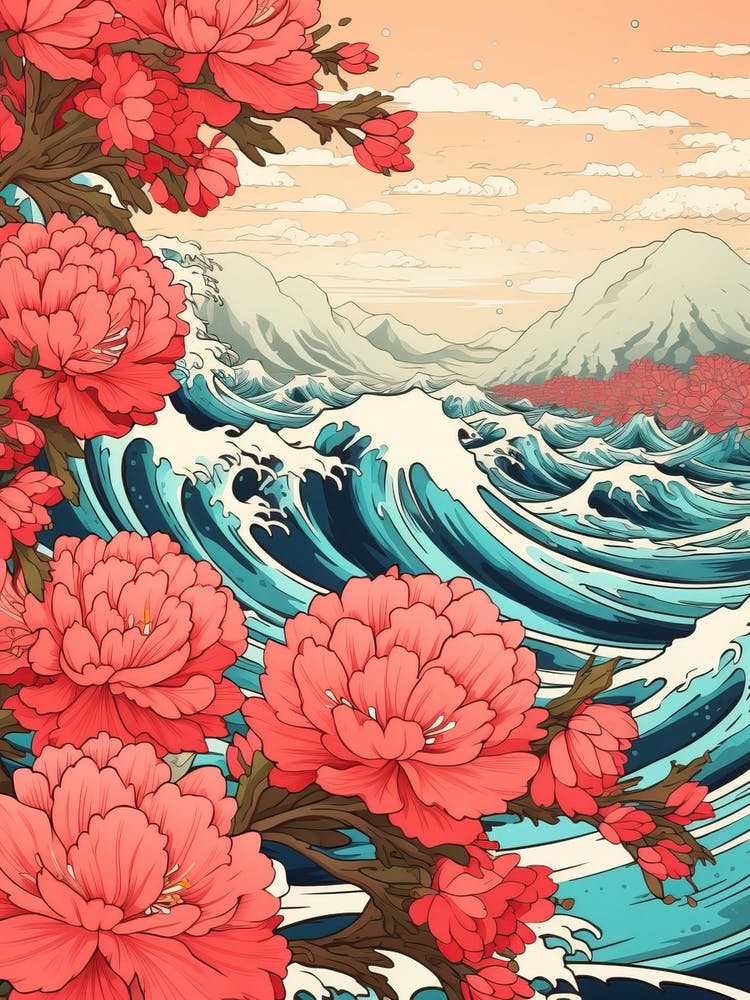 Great Wave With Azalea Flower Drawing In The Style Of Ukiyo E 3