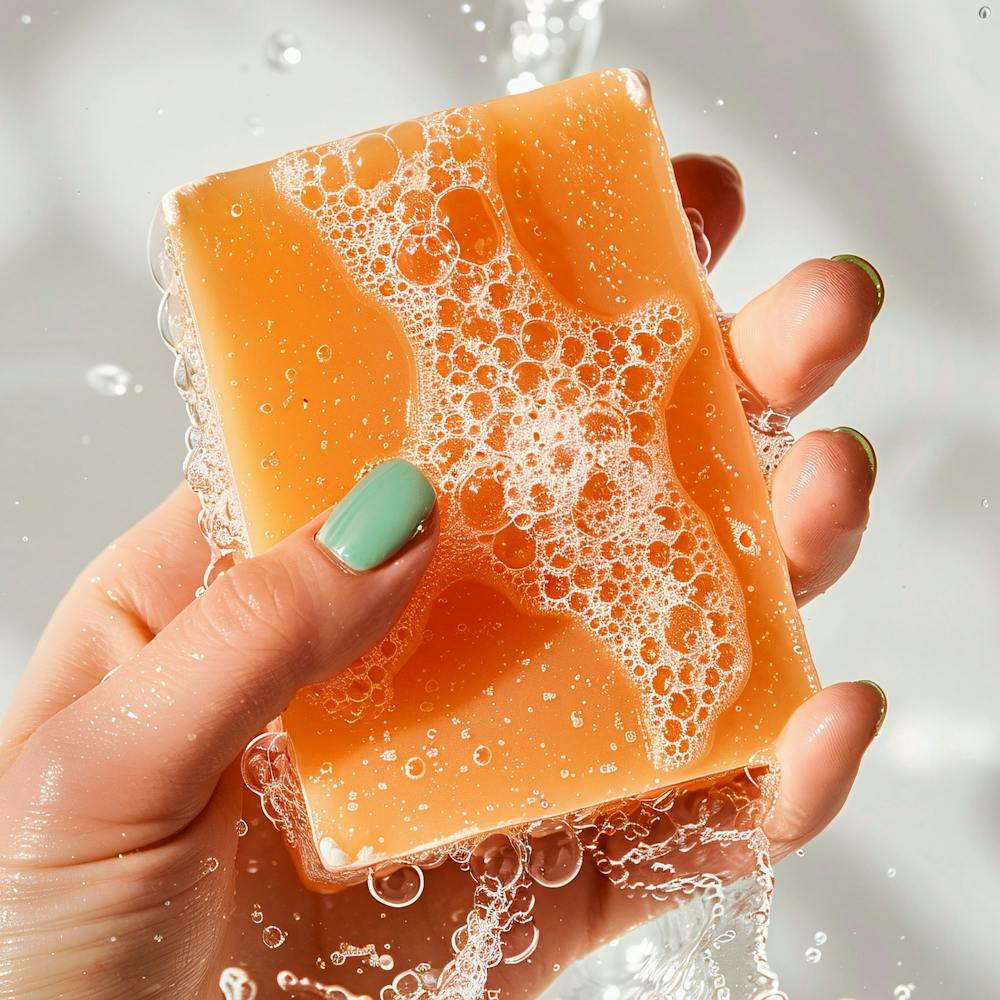 A Close Up Of Woman Holding An Orange Soap