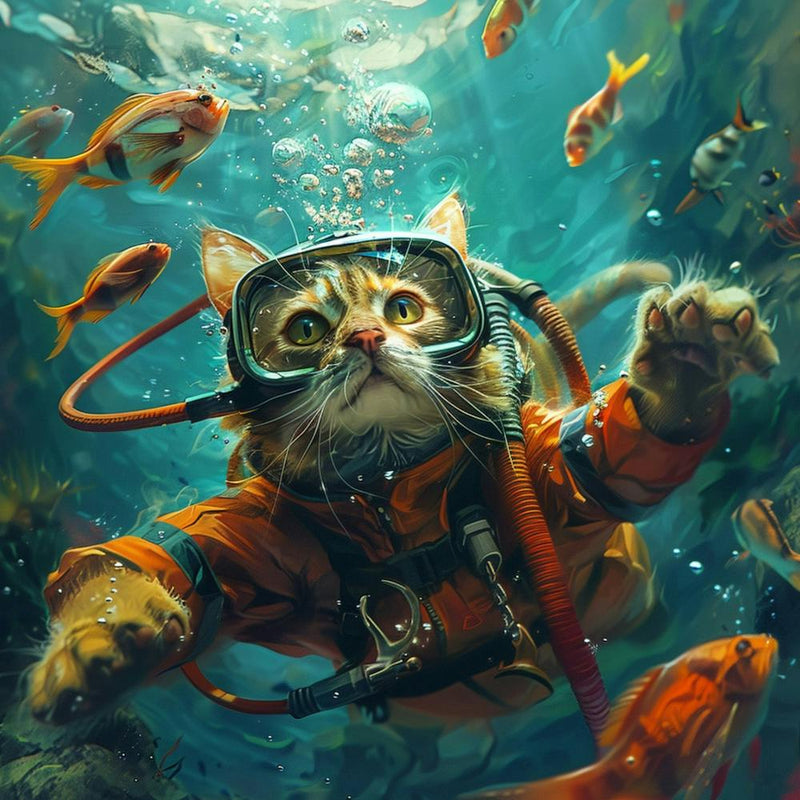 Adventurous Cat In Scuba Gear, Swimming Underwater With Colorful Fish, Playful And Curious Explorer