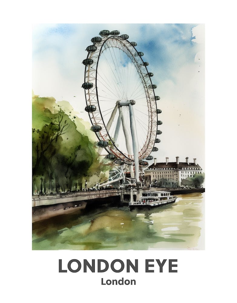 London Eye, London 2 Watercolour Travel Poster