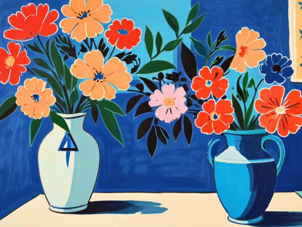 Flowers In Blue Vases
