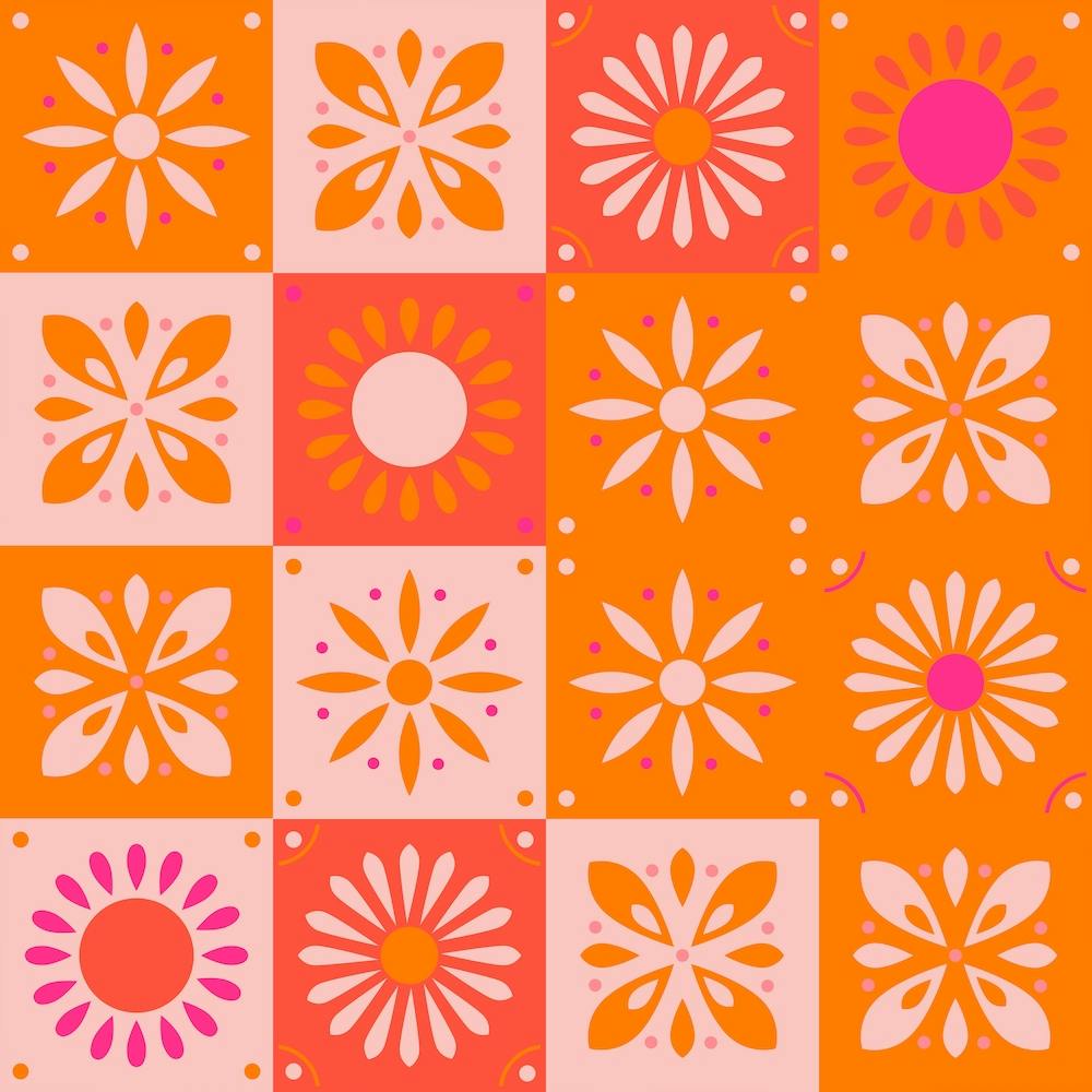 Traditional Portuguese Tiles In Bright Pink And Orange With Floral Motifs Square