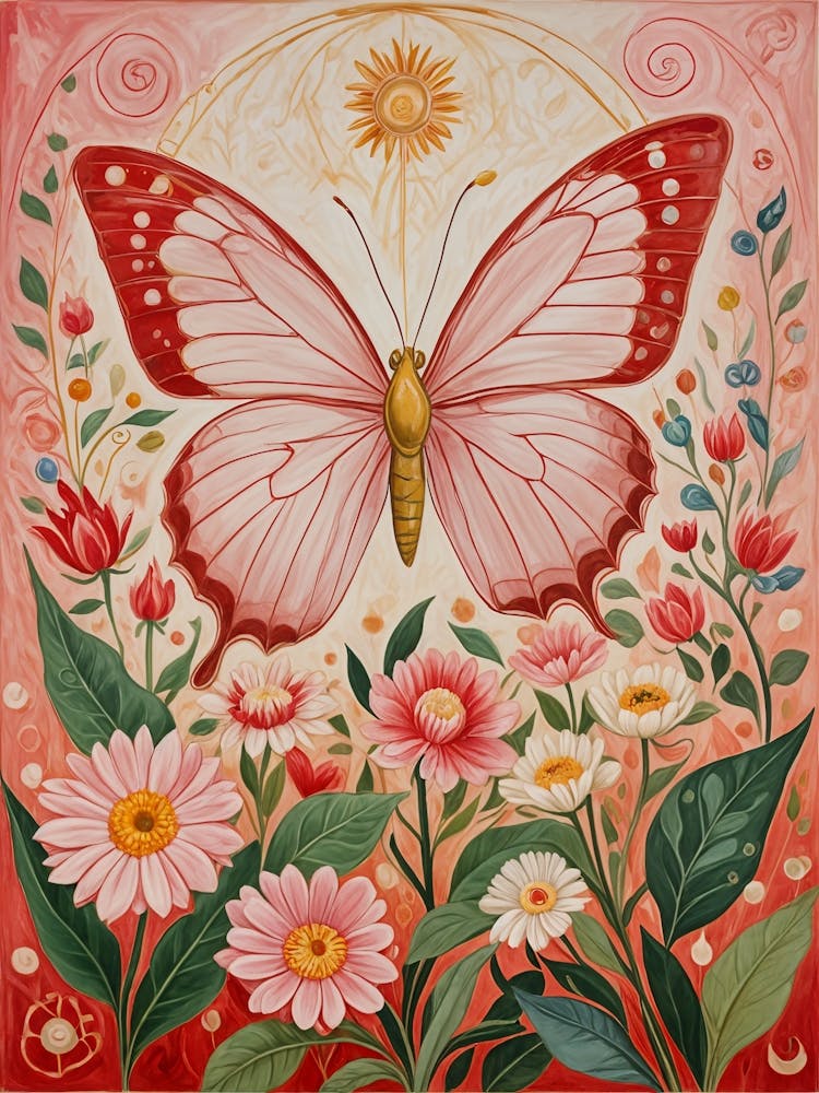 Red Butterfly And Flowers no2