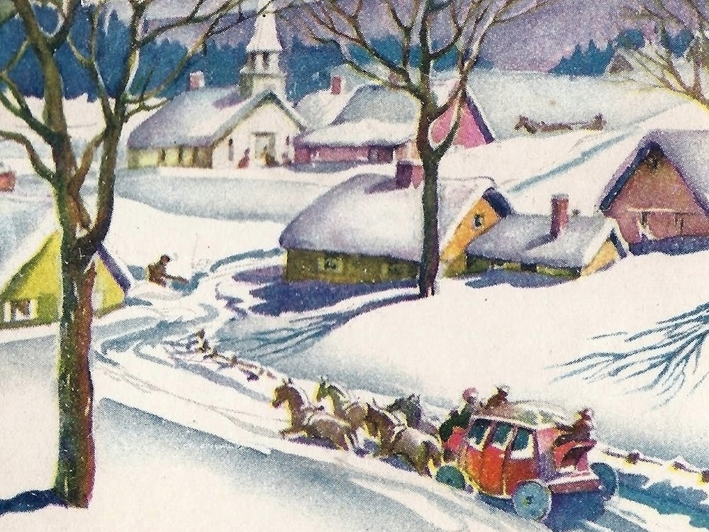 Horse Carriage On A Village Covered With Snow