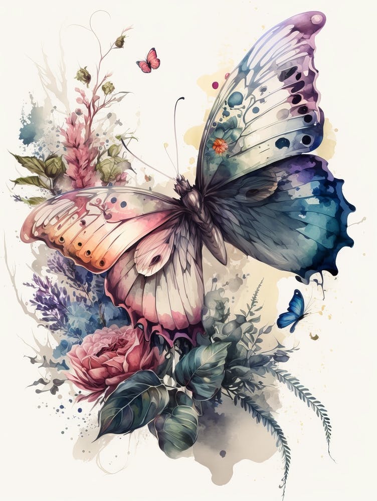 Butterfly And Flowers Watercolor