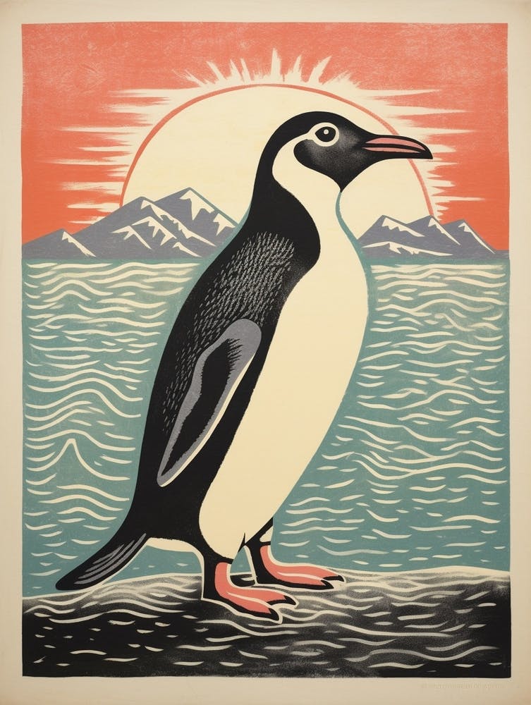 Vintage Bird Linocut Penguin 1