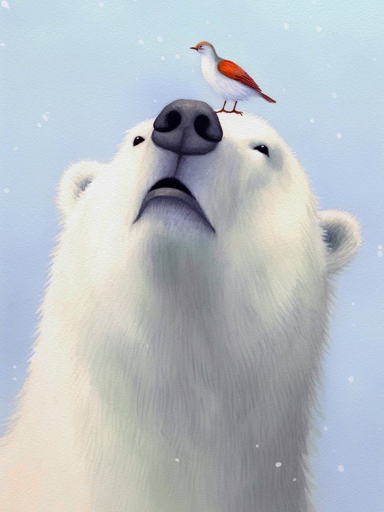 Polar Bear and bird Watercolor Painting