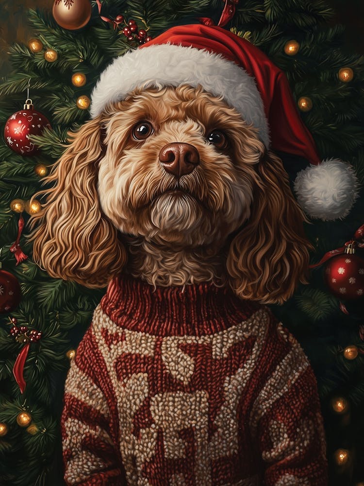 Cavapoo In Christmas Jumper And Santa Hat