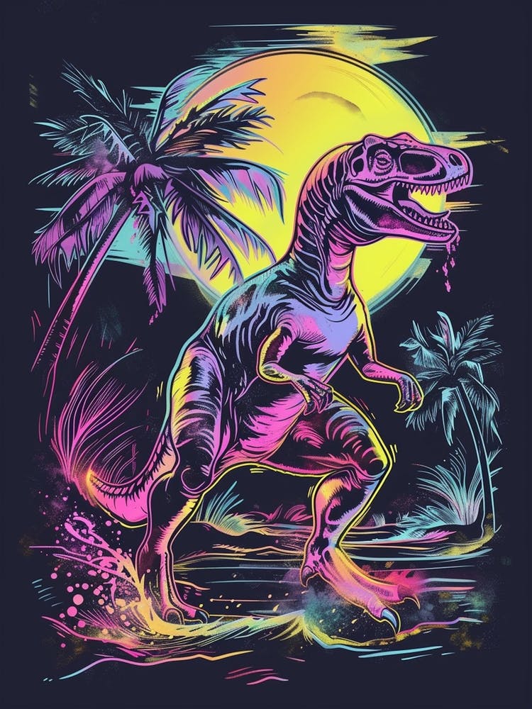 Black & Neon Dinosaur At Night In The Ocean