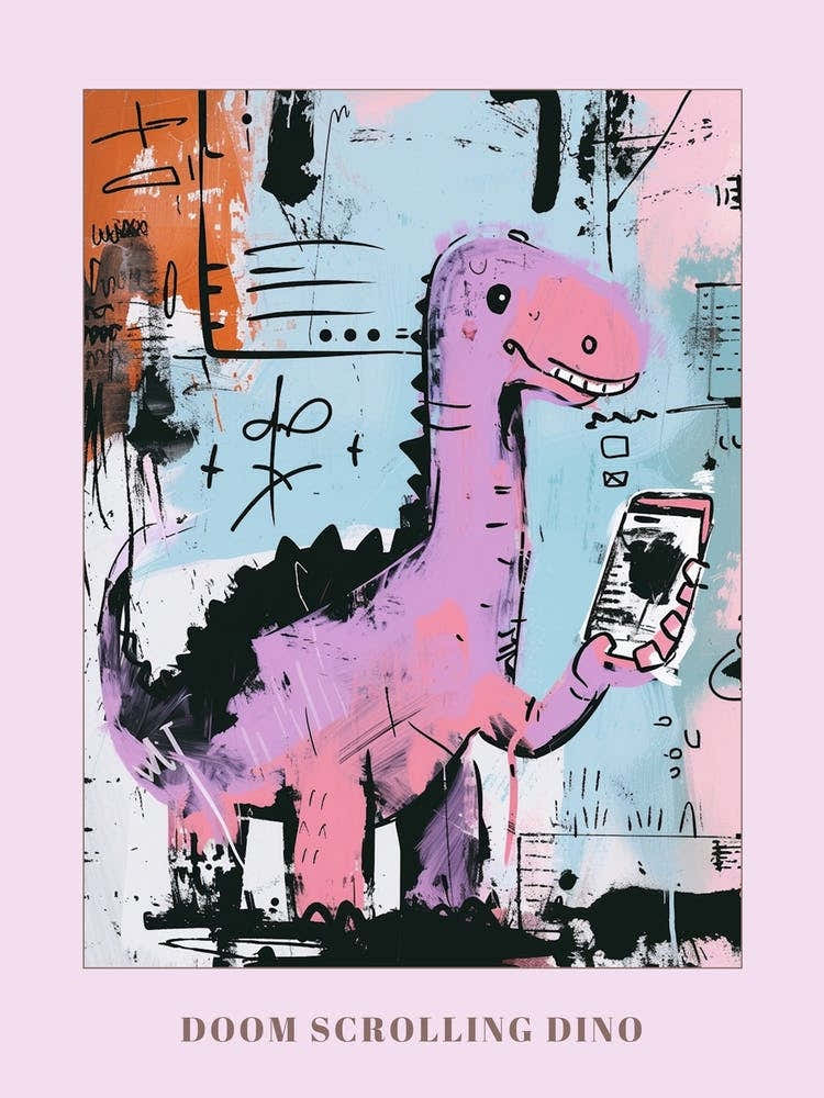 Dinosaur On A Smart Phone Pink Lilac Graffiti Style 4 Poster