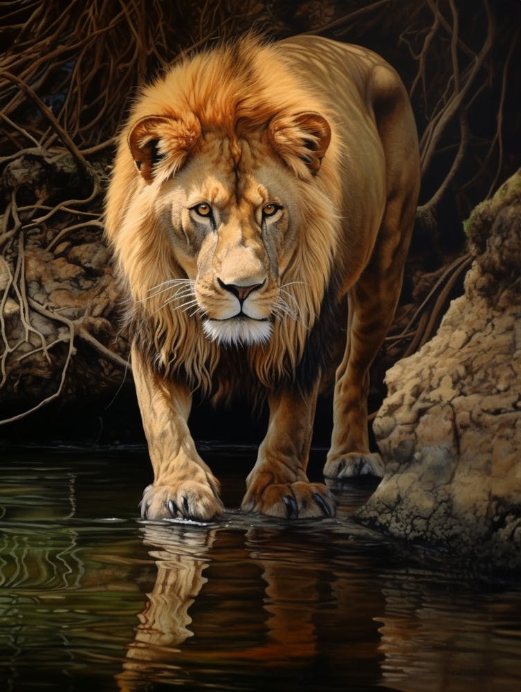 African Lion Drinking From A Stream Realistic 5