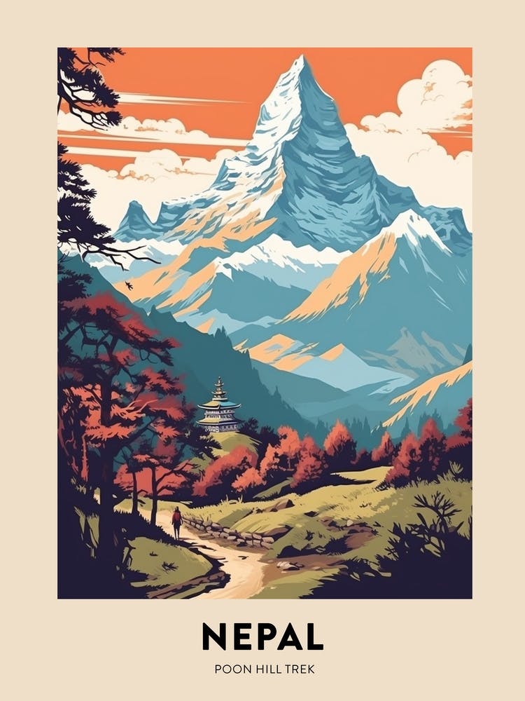 Poon Hill Trek Nepal 6 Vintage Hiking Travel Poster